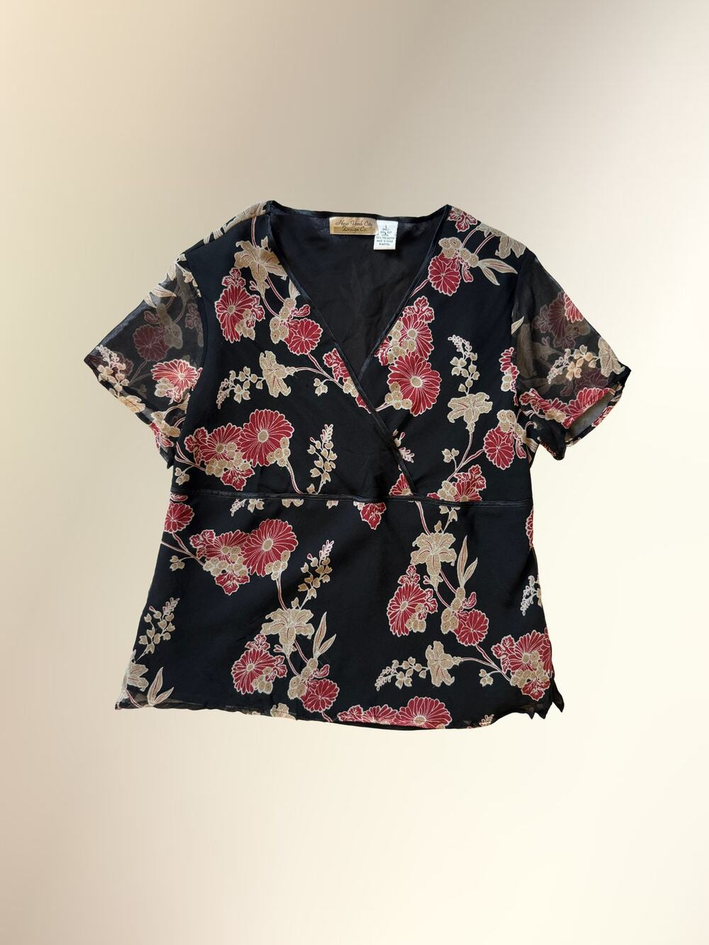 Y2K Black Red Floral Sheer Silk V-Neck Flutter Sleeve Top Women's L